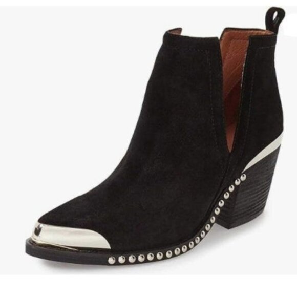 YDN Black Low Heeled Ankle Boot Faux Suede Cowboy Boot Cutout Metal Toe Shoes - Picture 1 of 8